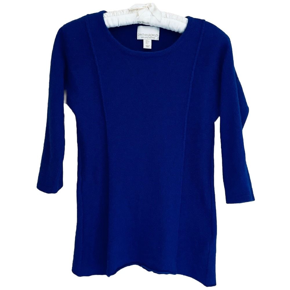 Cynthia Rowley Womens S Blue 100% 2-Ply Cashmere 3/4 Sleeve Crewneck Sweater